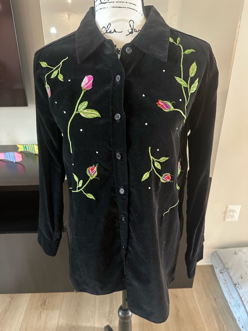 Black Velvet Button-Down Shirt with Pink Rose Embroidery 100% Cotton. SIZE SMALL